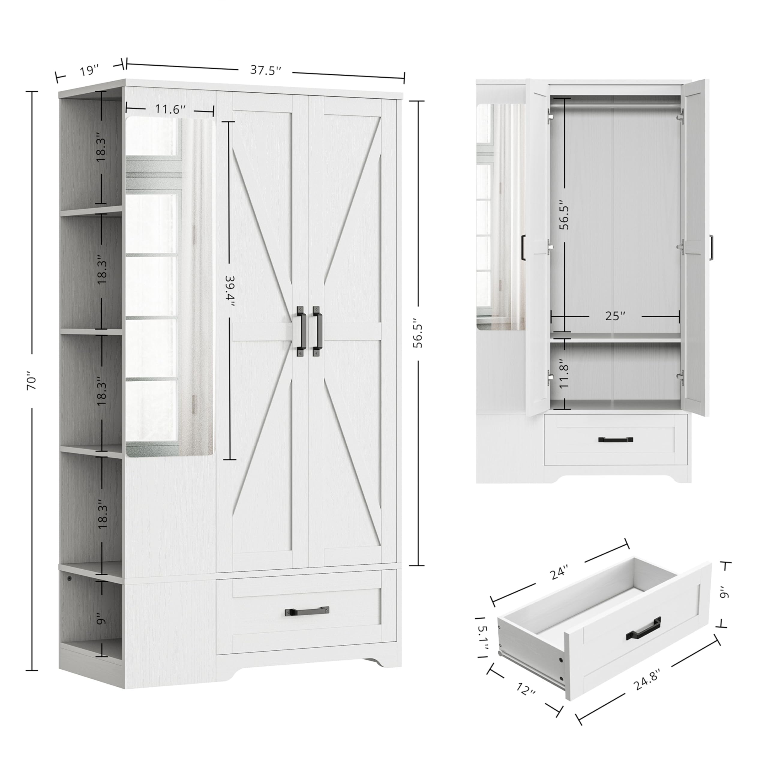 Tall Wardrobe Closet with Mirror & Barn Doors