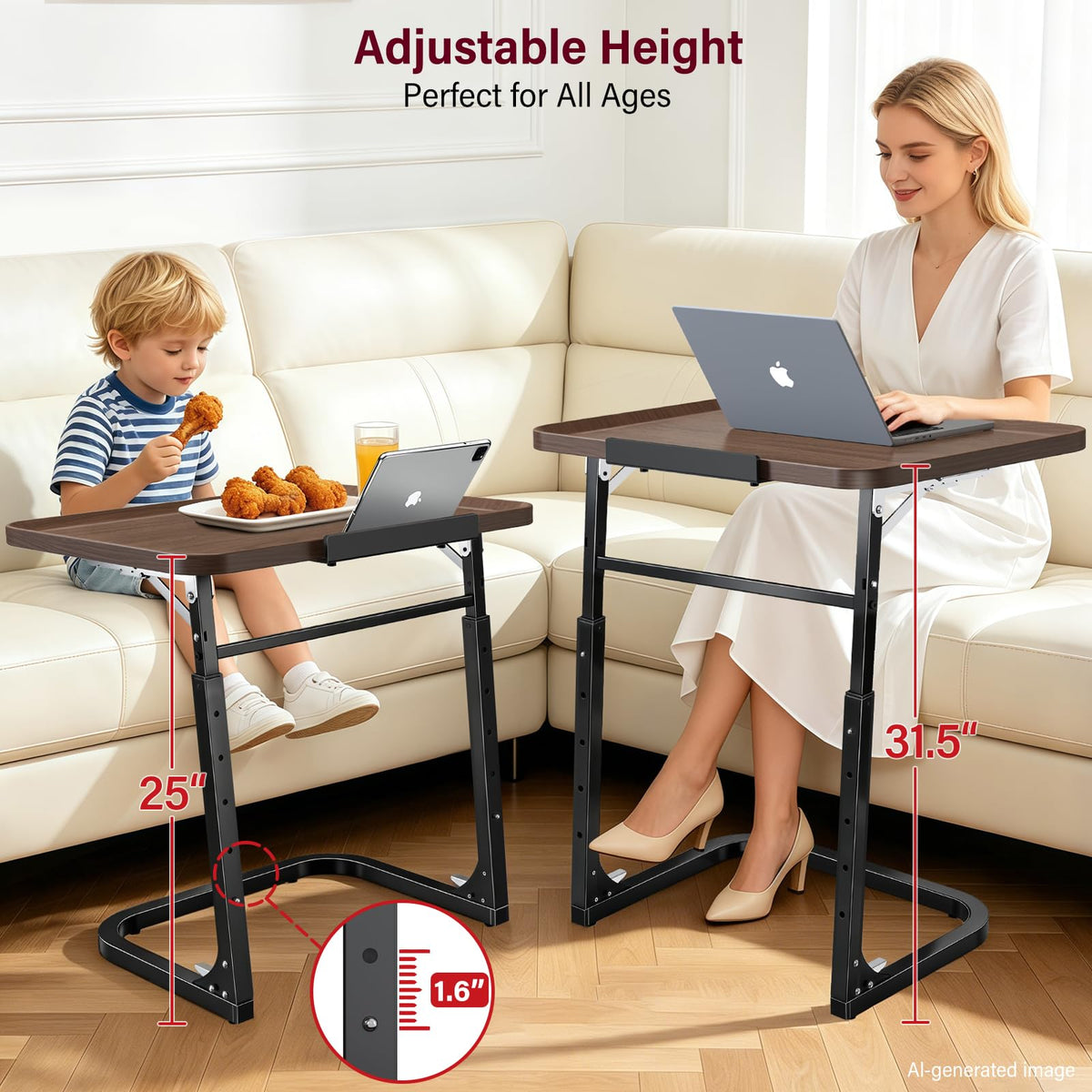 MLZLLL Heavy Duty C-Shaped End Table, Raised Edge Snack Table, Height & Tilt Adjustable TV Tray Table, Easy to Install, TV Dinner Tray Table for Couch, Bed, Work & Eating, Foldable & Easy Storage
