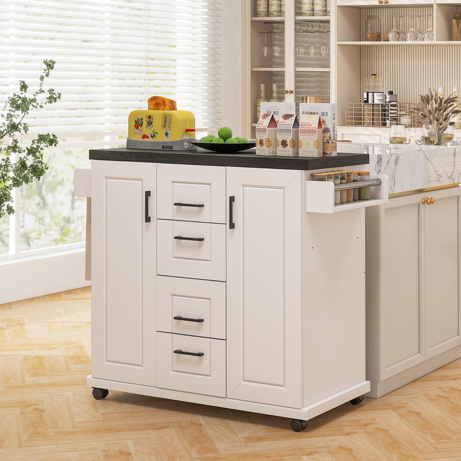 GOFLAME Kitchen Island Cart on Wheels, Rolling Kitchen Cart with Storage Cabinets, 4 Drawers, Towel Rack and Spice Rack, Mobile Serving Trolley Cart for Kitchen, Dining Room, White