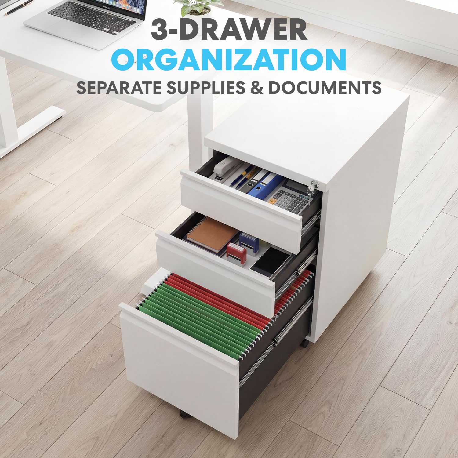3-Drawer Mobile File Cabinet with Lock