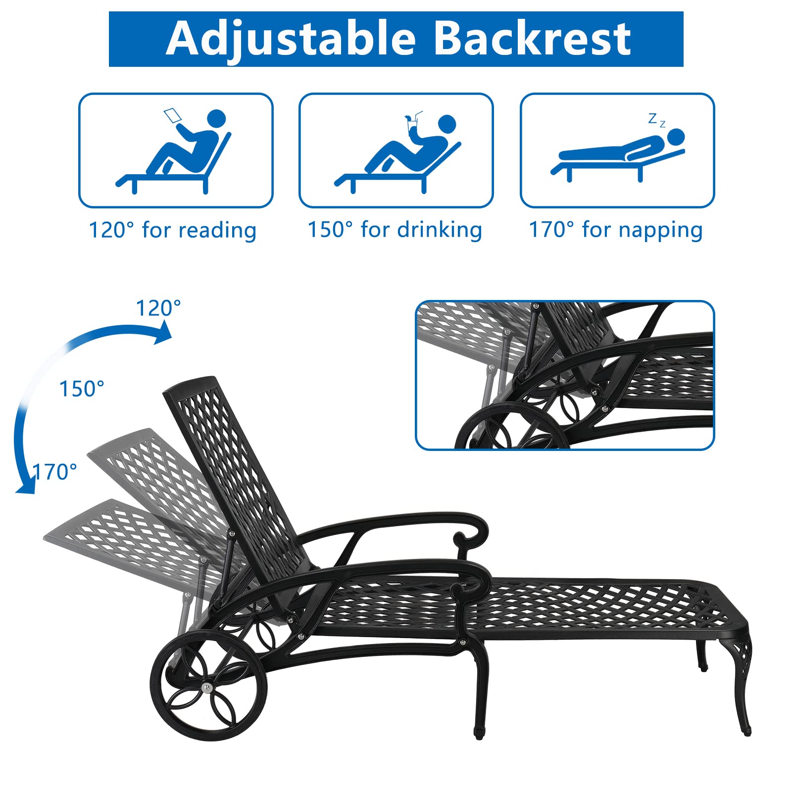 Outdoor Chaise Lounge Chair with Adjustable Backrest & Wheels