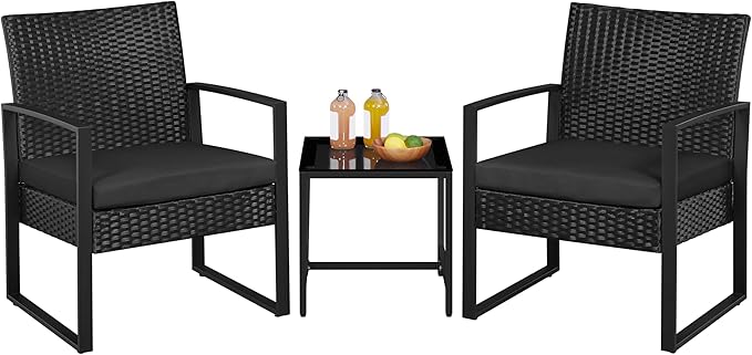3-Piece Rattan Bistro Set with Tempered Glass Coffee Table