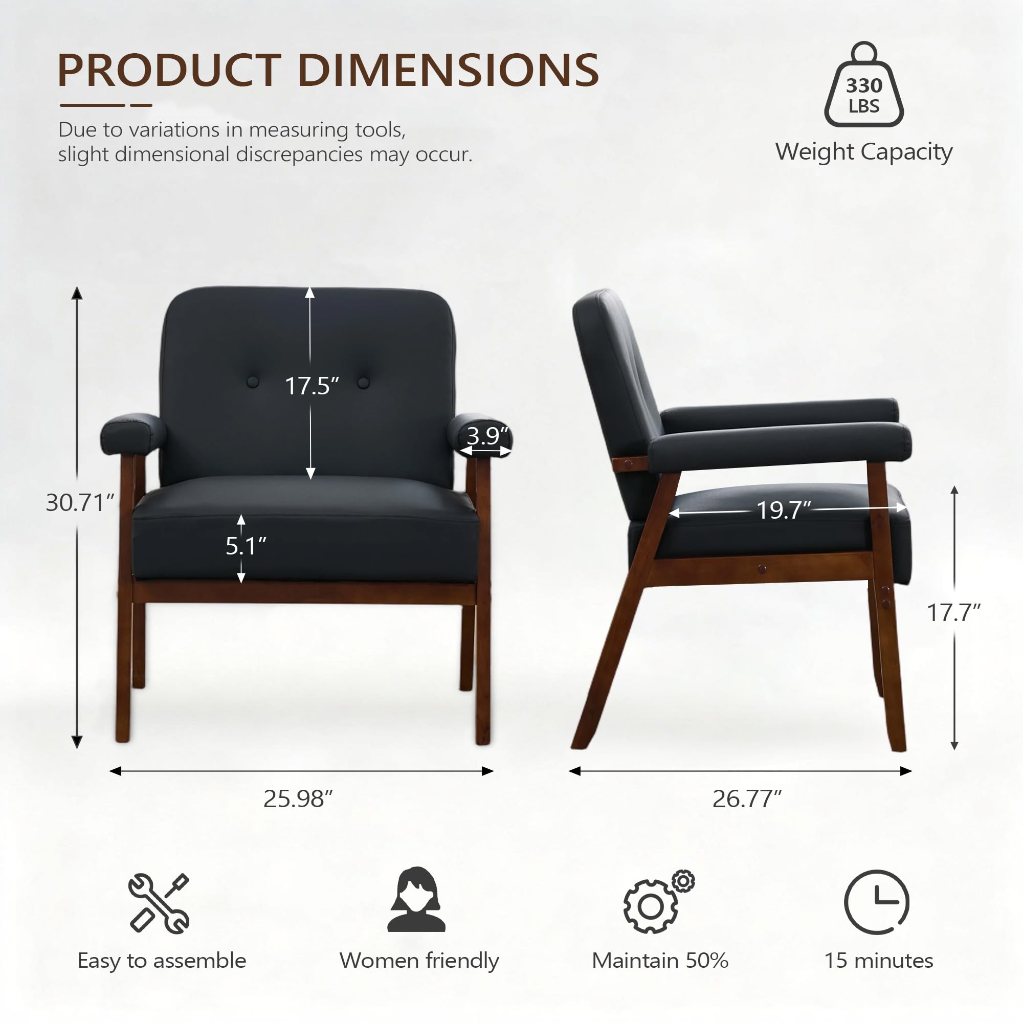 JIASTING Accent Chairs Set of 2, Black Leather Chairs with Solid Wood Frame, Tufted Small Mid-Century Modern Wooden Arm Chair, Comfy Office Reading Armchair for Living Room, Bedroom (2)