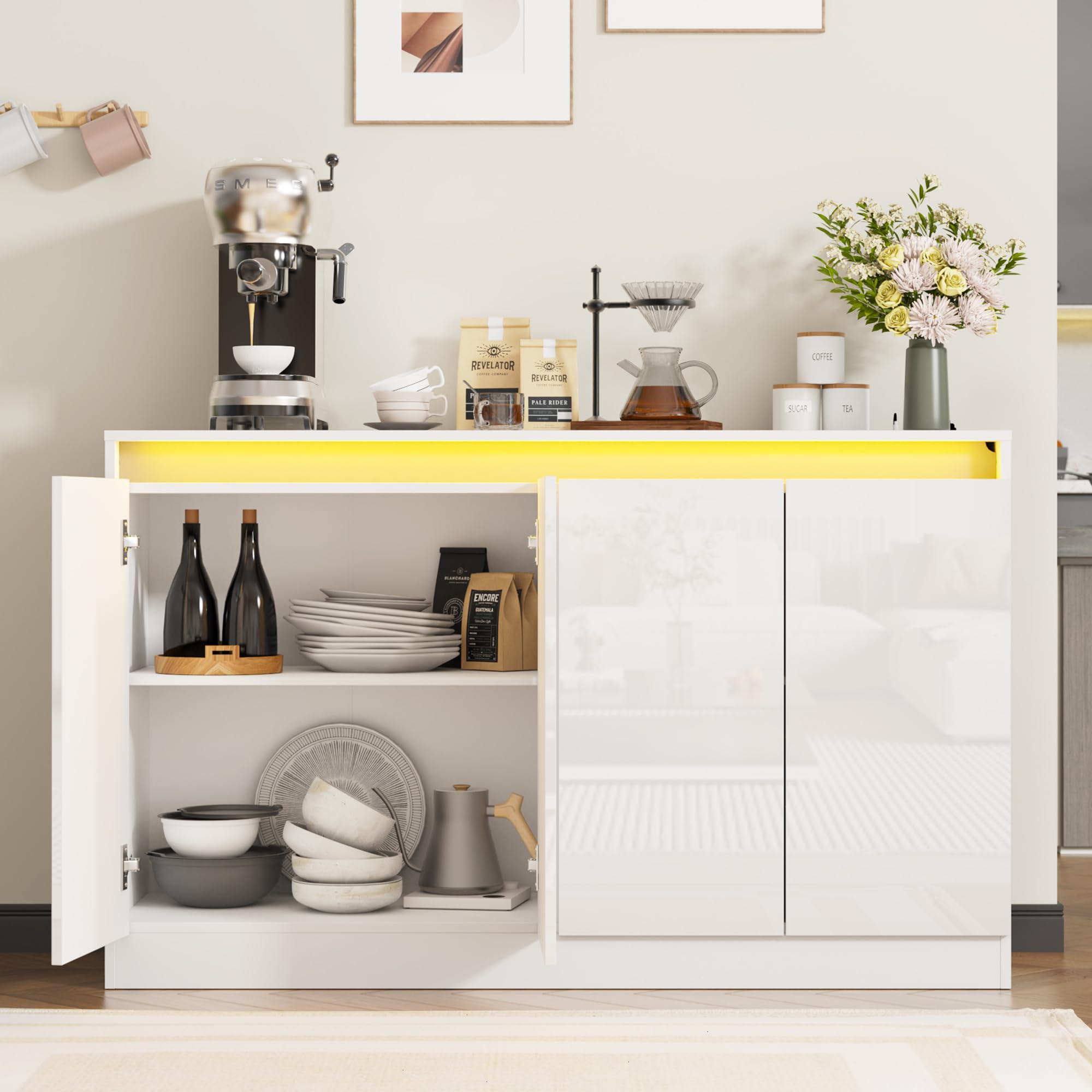 LED Buffet Cabinet with 4 Doors & Charging Station