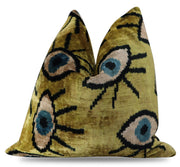CANVELLO Handmade Velvet Ikat Evil Eye Throw Pillow – 16x16 Inch Luxury Decorative Cushion with Down Insert – Bohemian Home Décor Accent for Sofa & Bed (Gold & Blue)