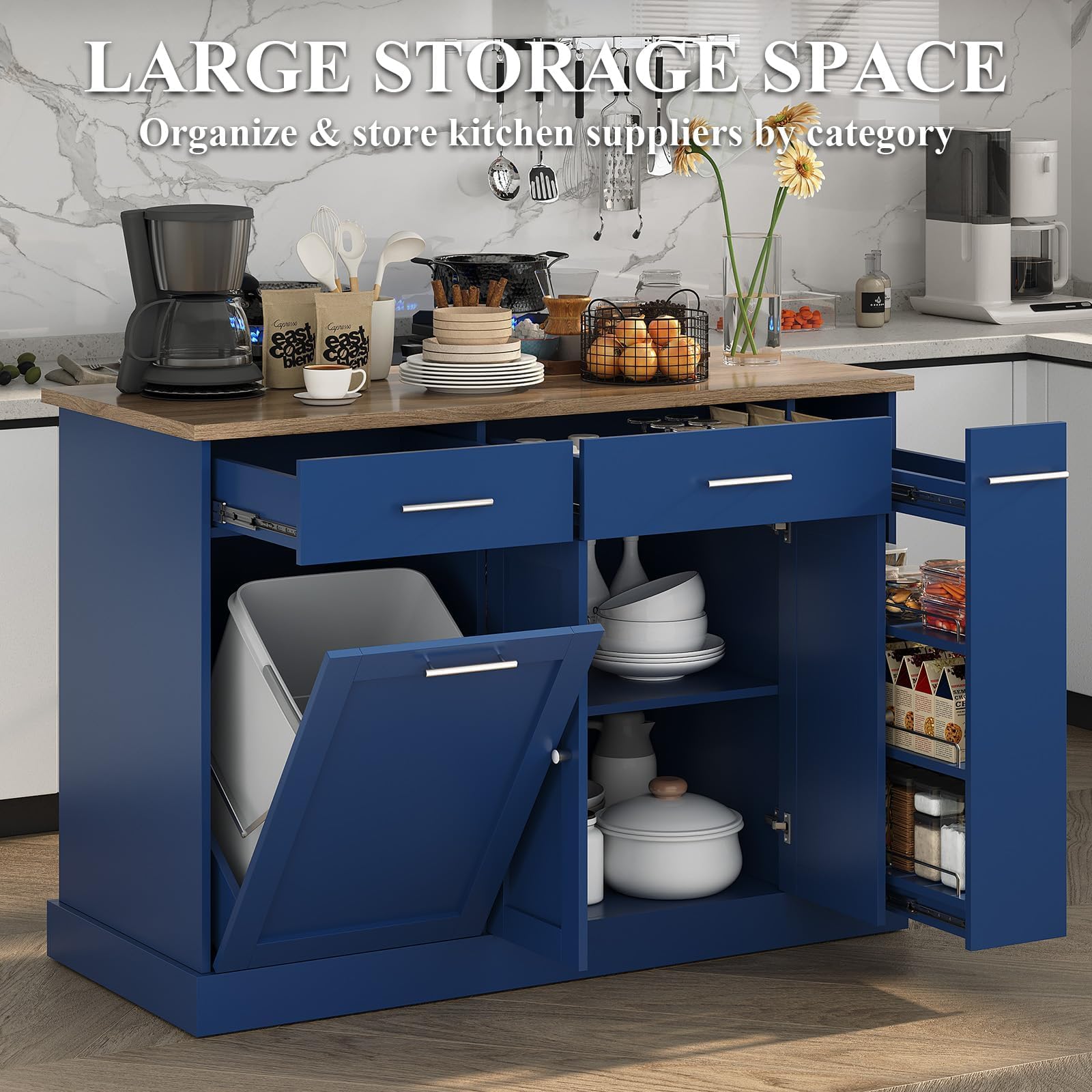 4 EVER WINNER 53" Rolling Kitchen Island with Trash can Storage, Kitchen Island Cart with 3-Tier Spice Rack, Island Table for Kitchen with Adjustable Shelves, Blue