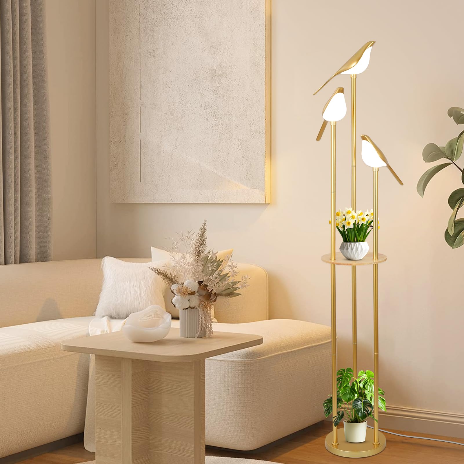 Gold Floor Lamps for Living Room, Modern Floor Lamp with Shelves, Mid Century Standing Lamp with 3 Adjustable LED Bird Lights, Corner Tall Lamp with Table, Brass Stand up Lamp for Bedroom Kids Room
