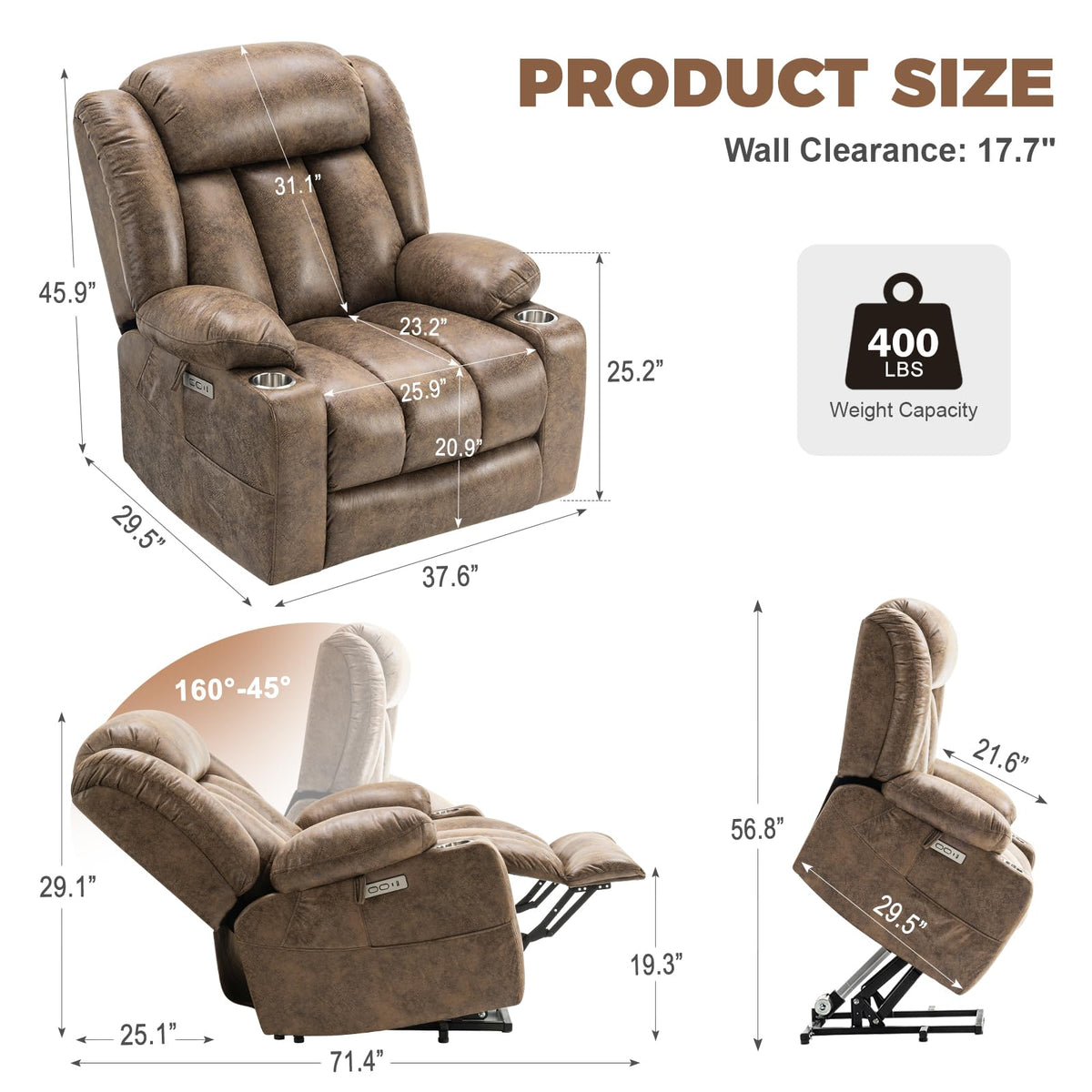 HUSFU Power Lift Recliner with Massage & Heat for Elderly, Leather, Brown