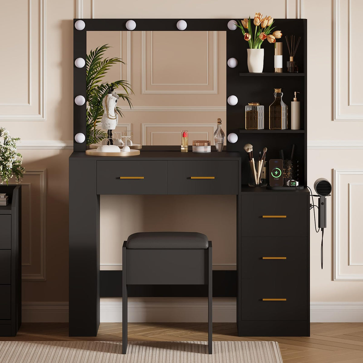 Makeup Vanity with Lighted Mirror & Stool