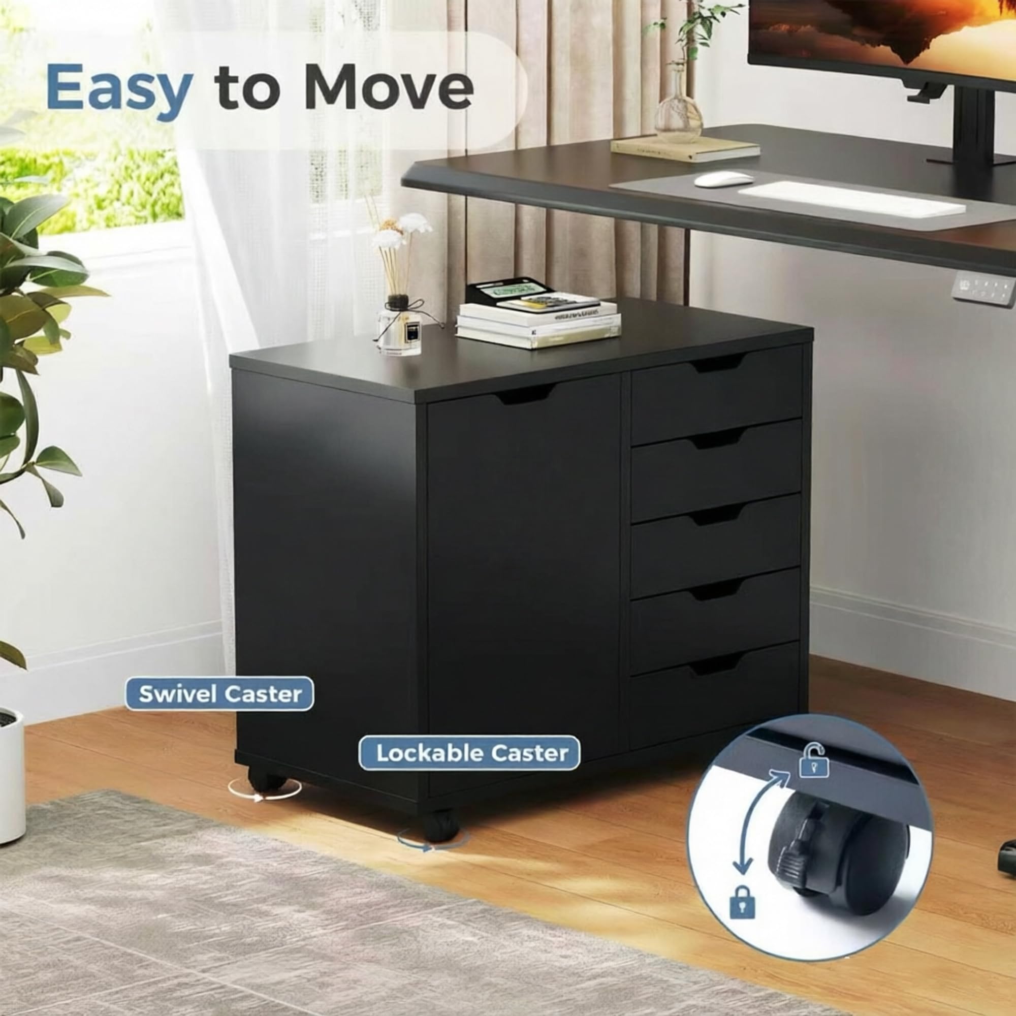 5-Drawer Rolling File Cabinet with Shelves & Door