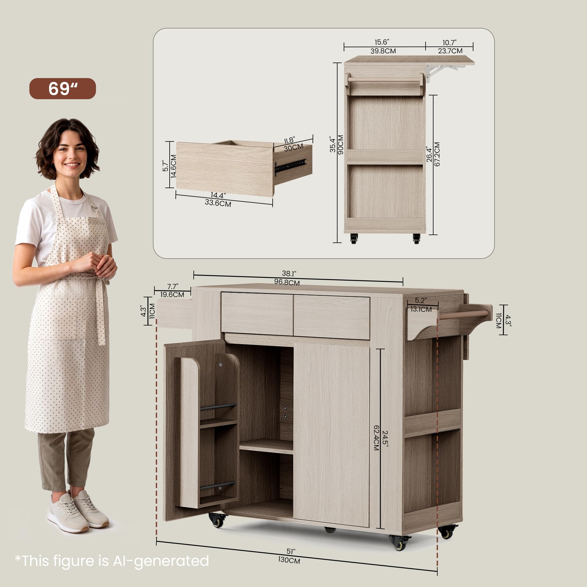 ModernMate 51'' Mobile Kitchen Island with Drop Leaf, Rolling Kitchen Cart with Drawrs & Storage Cabinet on Wheels, Portable Island Table with Spice Rack & Towel Rack for Dining Room, White Oak Gray