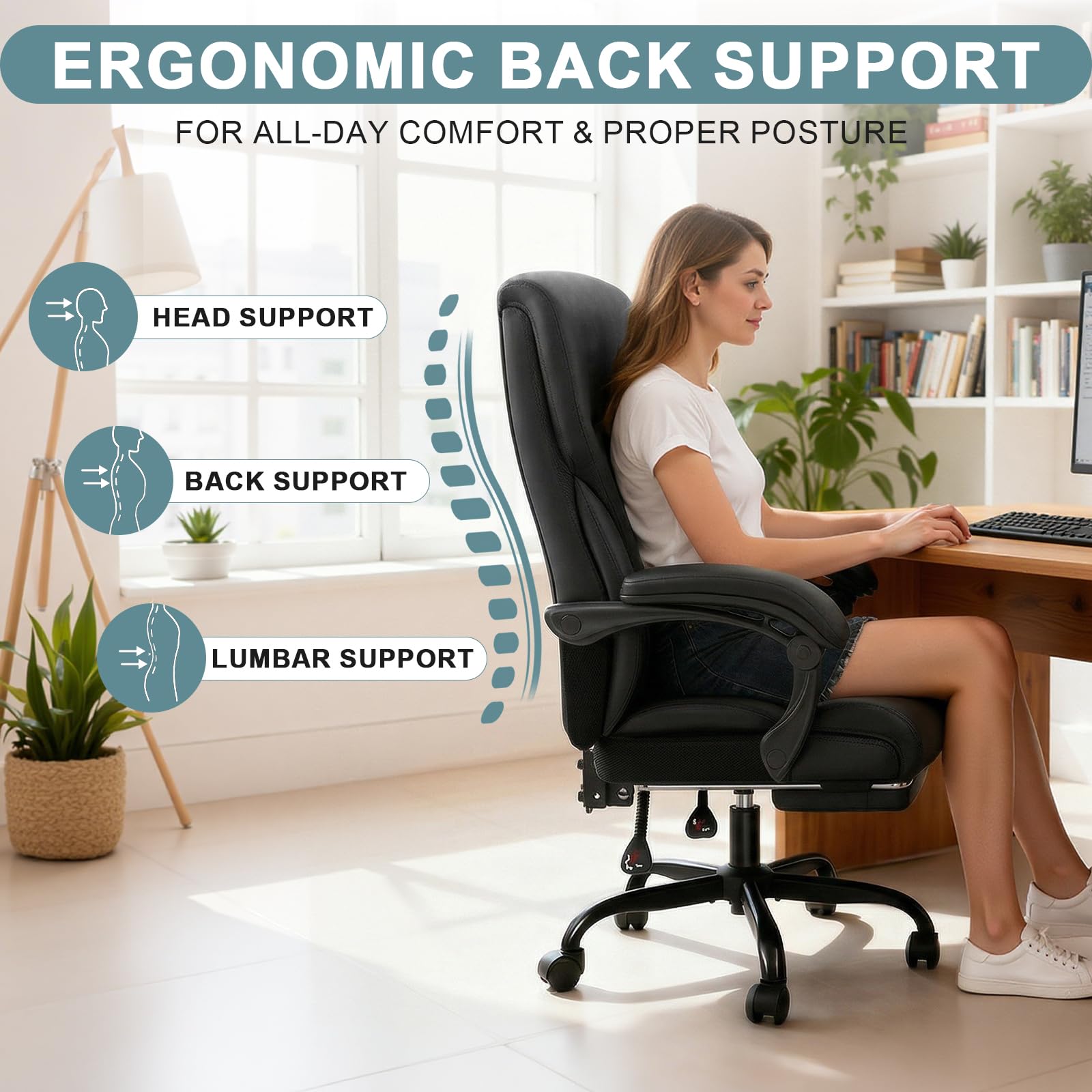 Ergonomic High-Back Office Chair with Footrest & Padded Armrests