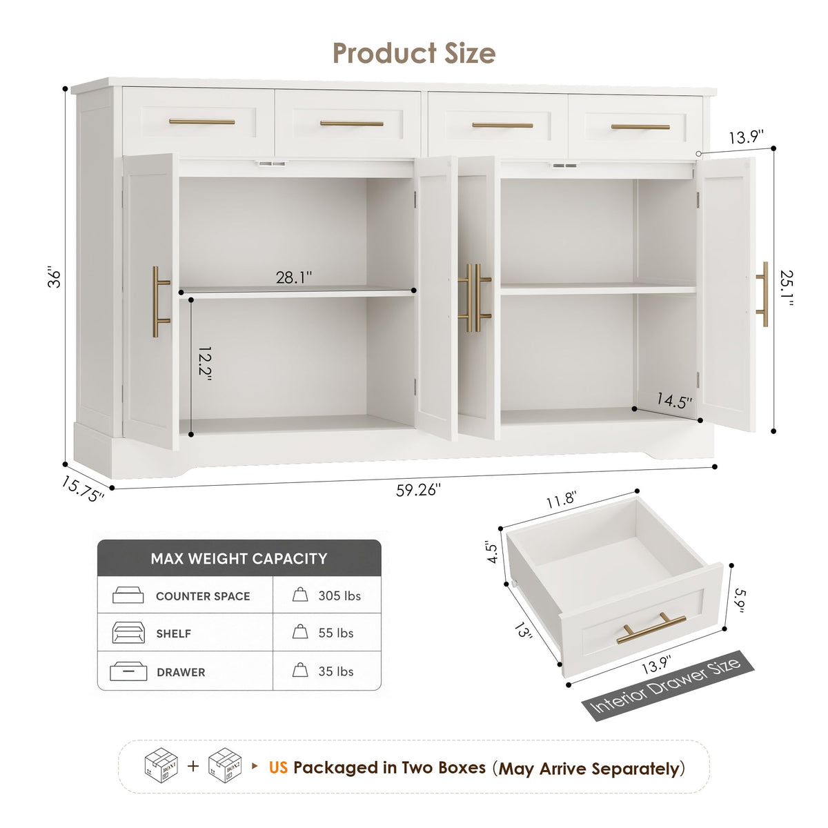 HOSTACK 60" W Sideboard Buffet Cabinet with Storage, Kitchen Cabinet, White