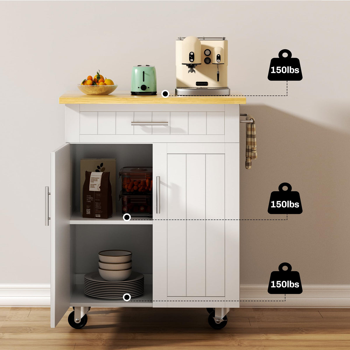 SUNLEI Kitchen Island with Storage, 26" Rolling Microwave Cart with 3 Drawers, Rubberwood Top, Lockable Wheels, Towel Rack & Open Shelves, Portable Kitchen Cart, White
