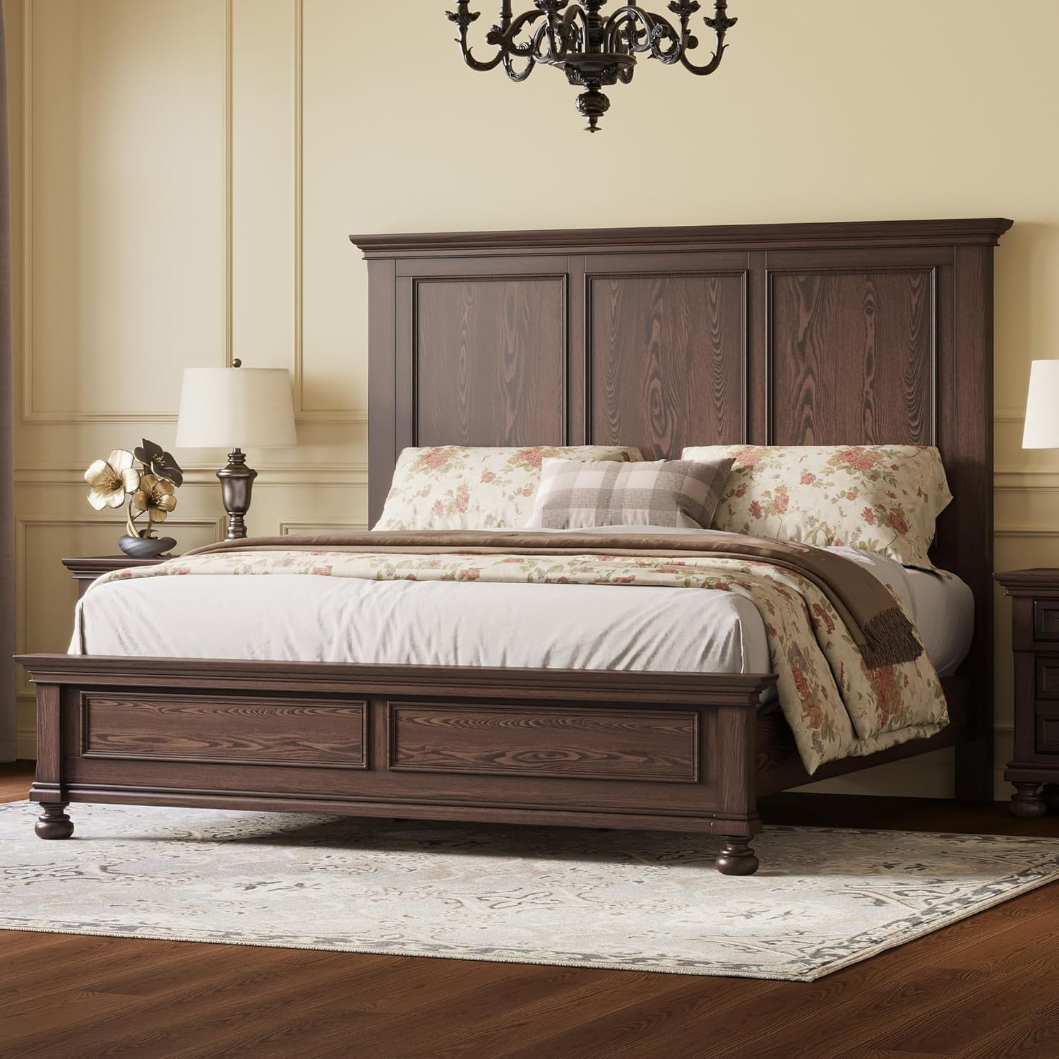Solid Wood 3-Piece Bedroom Set with High Bed Frame & Nightstands – Dark Brown
