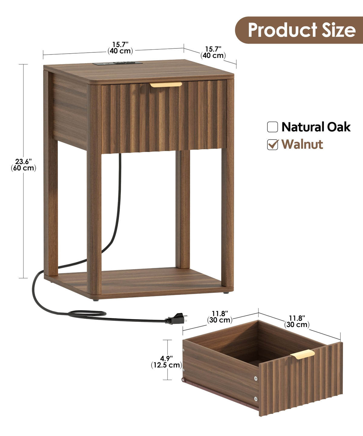 Akxomel Nightstand Set 2 with Charging Station Fluted Bedside Table Walnut