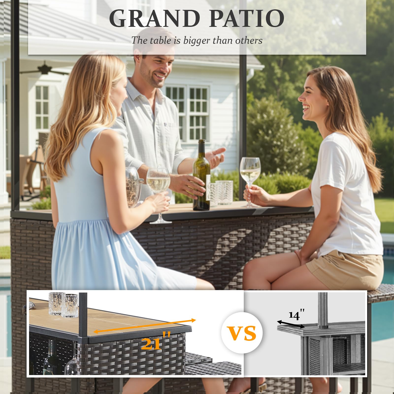 Opohoro Outdoor Tiki Bar Set - 3 Pieces Wicker Patio Bar Height Set with Palapa Top and 2 Stools, All-Weather Patio Bar Set with Storage Shelves & Wine Glass Rack for Garden Patio Backyard Brown