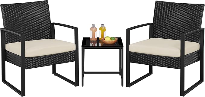 3-Piece Rattan Bistro Set with Tempered Glass Coffee Table