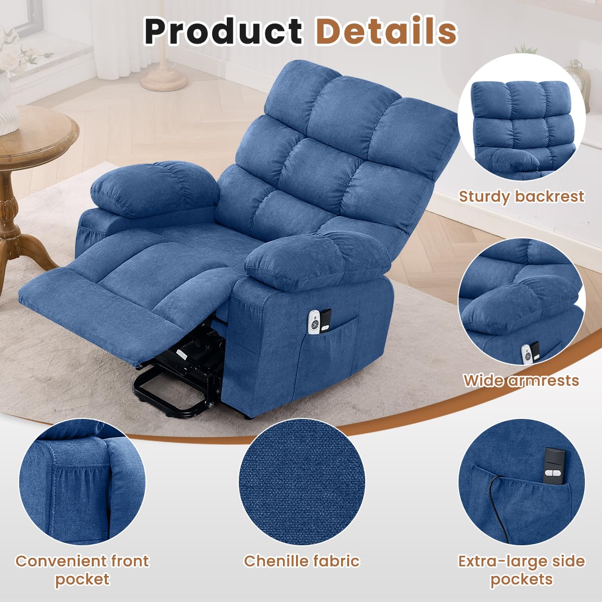 BOSMILLER Electric Power Lift Recliner Chair Sofa with Massage and Heat for Elderly,Lift Chair with Cup Holders Side Pockets for Living Room
