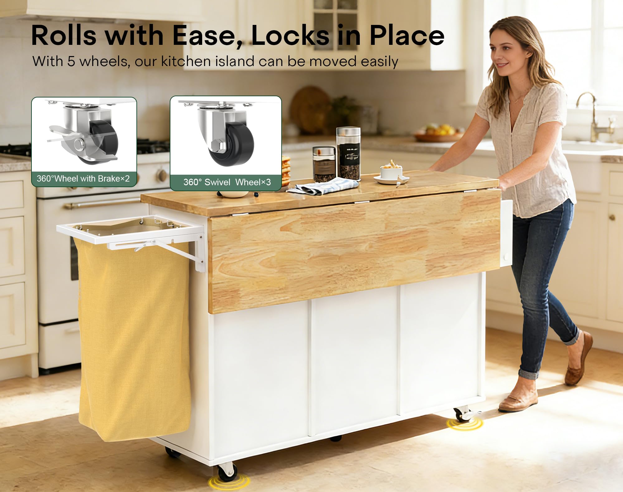 Linkriseed 43.3" x 29.5" Kitchen Island with Drop Leaf, Rolling Kitchen Island on Wheels with Removable Trash Bag, Kitchen Island Cart with Storage Cabinet, Drawers & Spice Rack, White