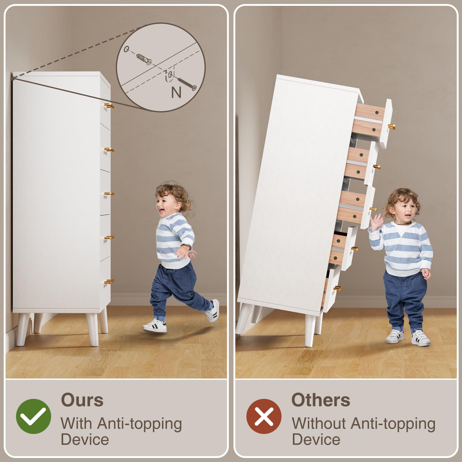Aiho 5 Drawer Dresser, Tall Dresser with Metal Handles, Wood Storage Organizer for Bedroom, Hallway, or Entryway, White