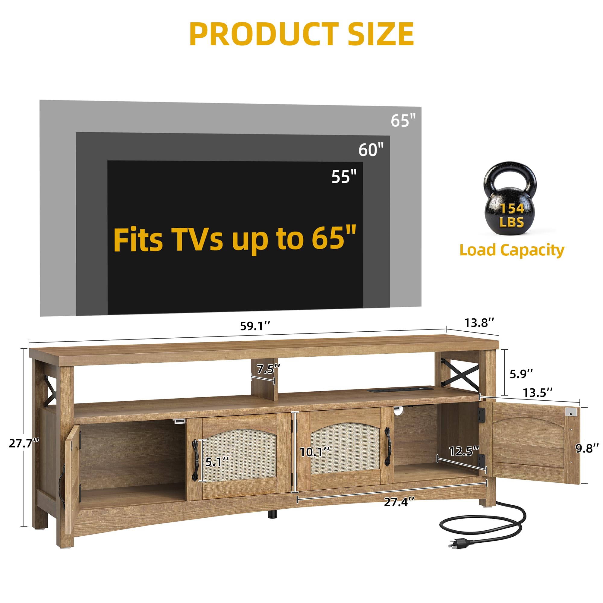 Farmhouse TV Stand with LED Lighting & Storage – 59" Oak