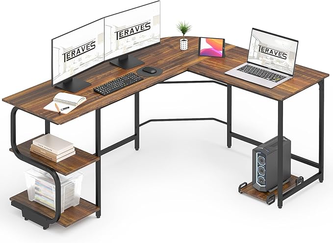 L-Shaped Desk with Storage Shelves & Monitor Stand Hole