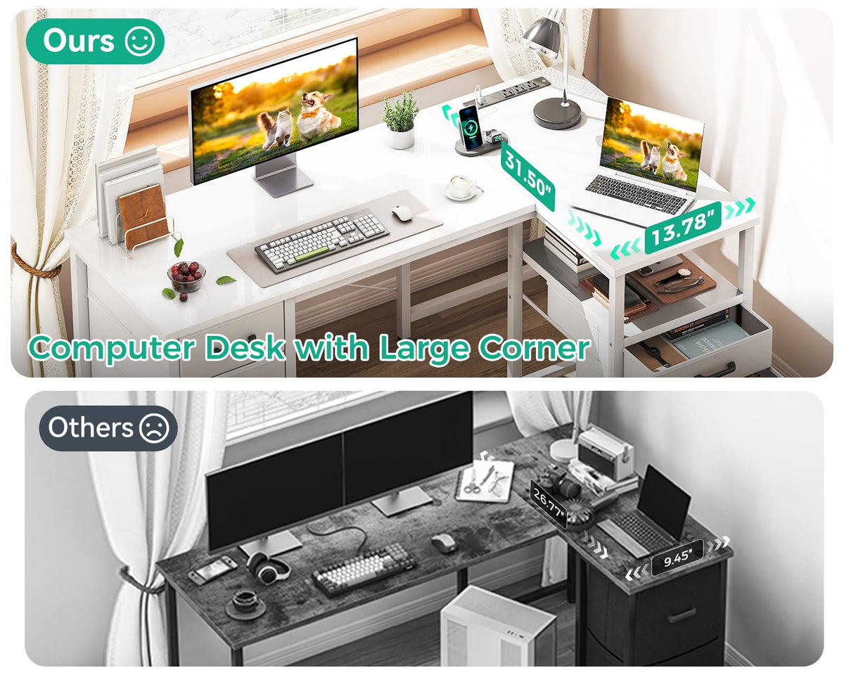 Coleshome 55 Inch L Shaped Office Desk with 6 Drawers, Power Outlet, White