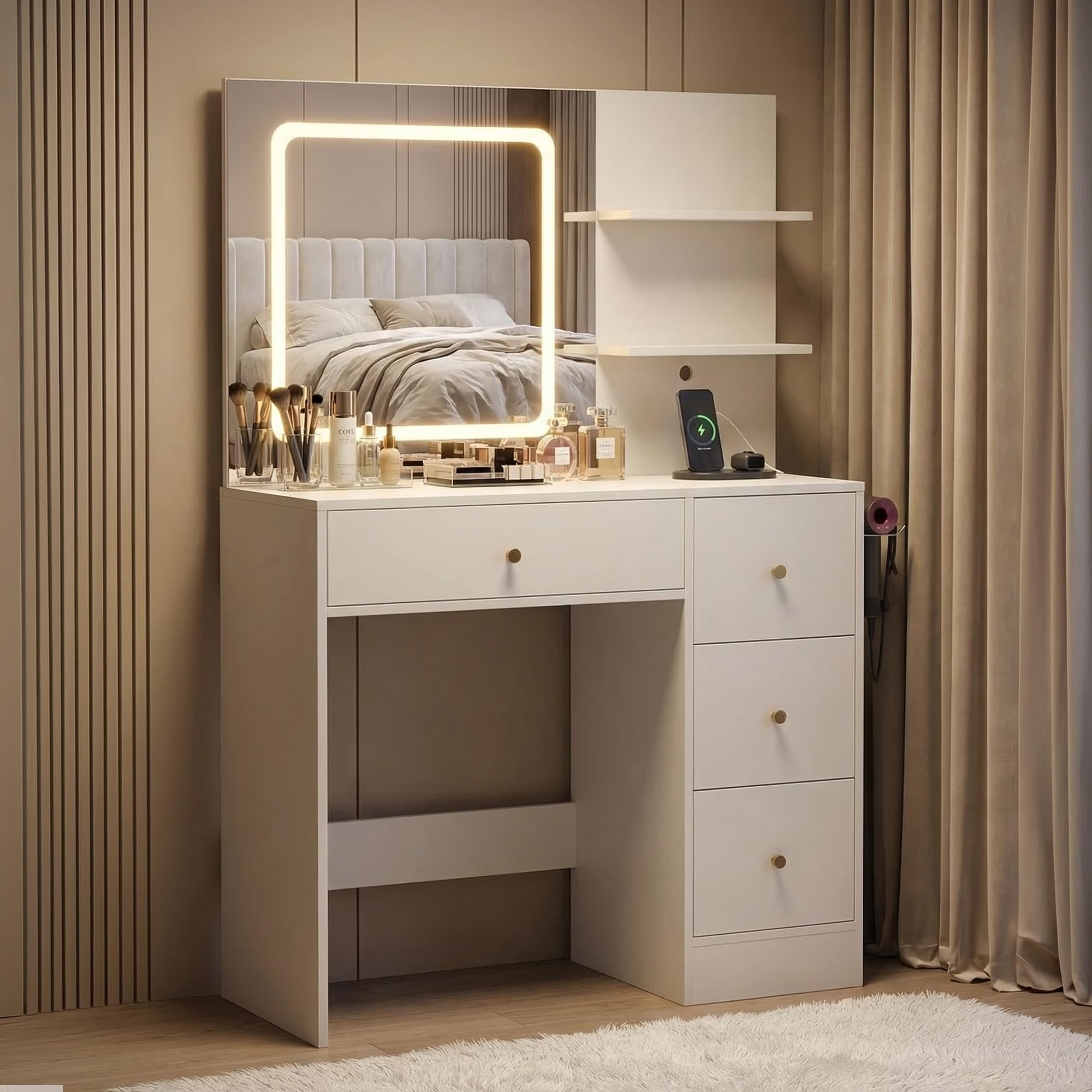 spanspace Makeup Vanity Desk with Mirror and Lights, 37" White Vanity Desk with Power Outlet & USB, 3 Modes Dimmable LED Mirror with 4 Drawers, Modern Vanity Table for Bedroom