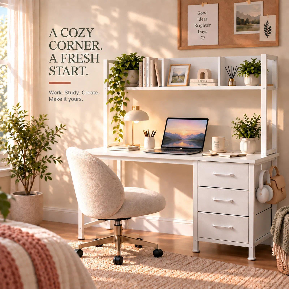 DLisiting White Computer Desk with Hutch & Drawers, 47 Inch