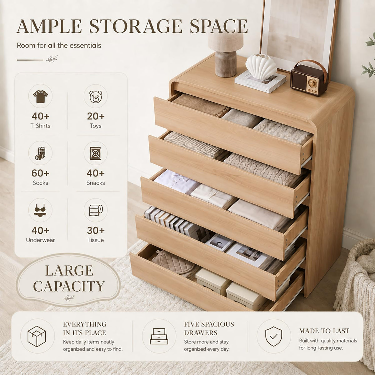 Madaha 5 Drawer Dresser for Bedroom,Curved Edge Design Modern Dressers & Chest of Drawers, Nursery Dresser Natural Oak