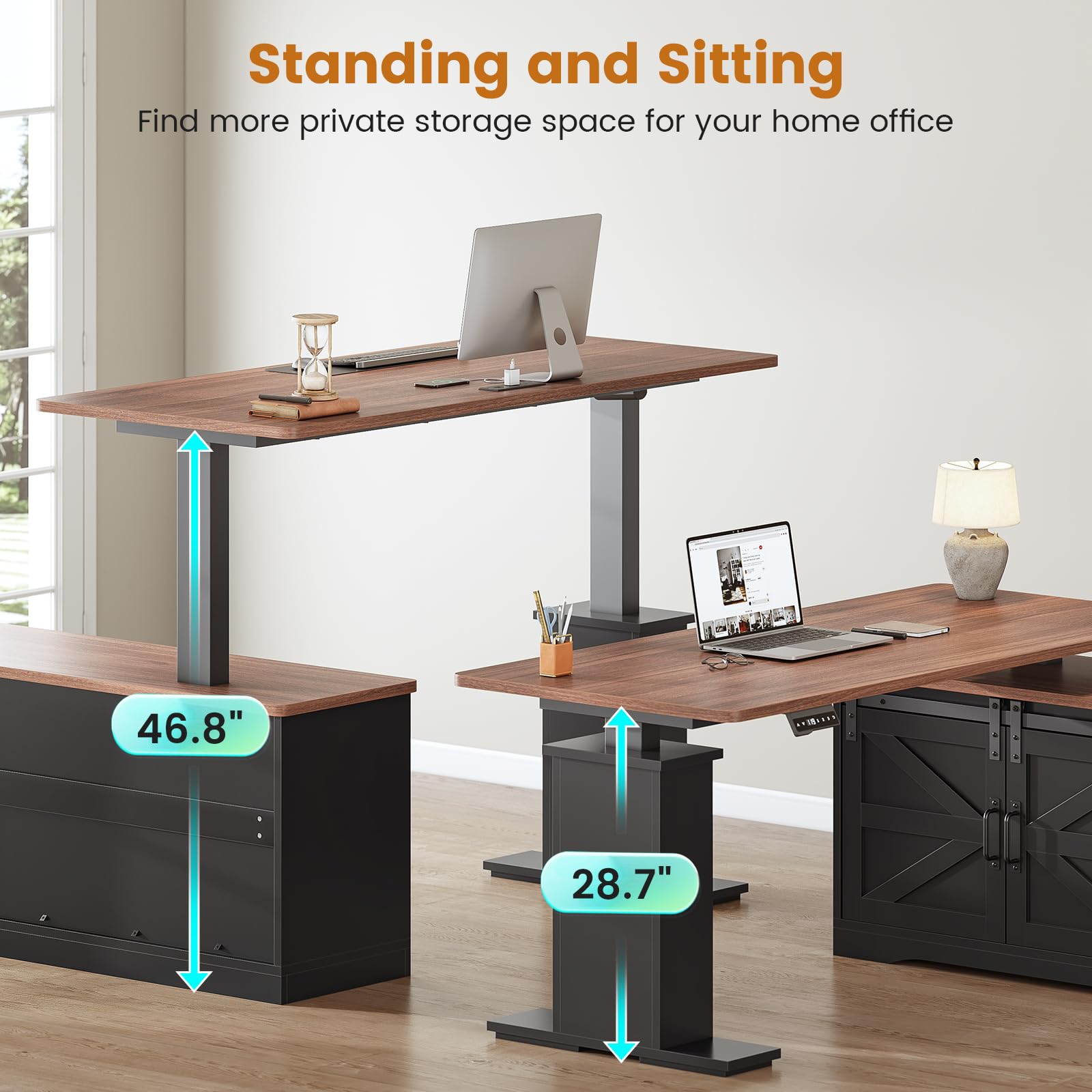 L-Shaped Height Adjustable Standing Desk with Storage & Power Outlets