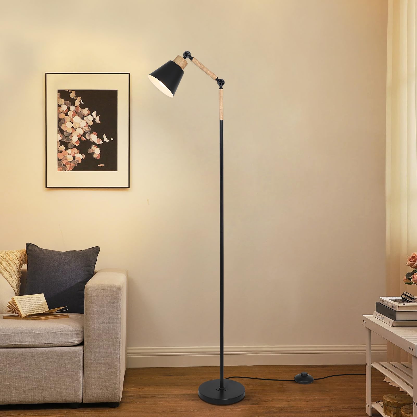 HMVPL Farmhouse Floor Lamp for Living Room, Rustic Standing Lamp with 5W 3000K Bulb, Wood Corner Floor Lamp with Foot Switch, Height Adjustable, Boho Pole Tall Lamp for Bedroom Reading Office Nursery