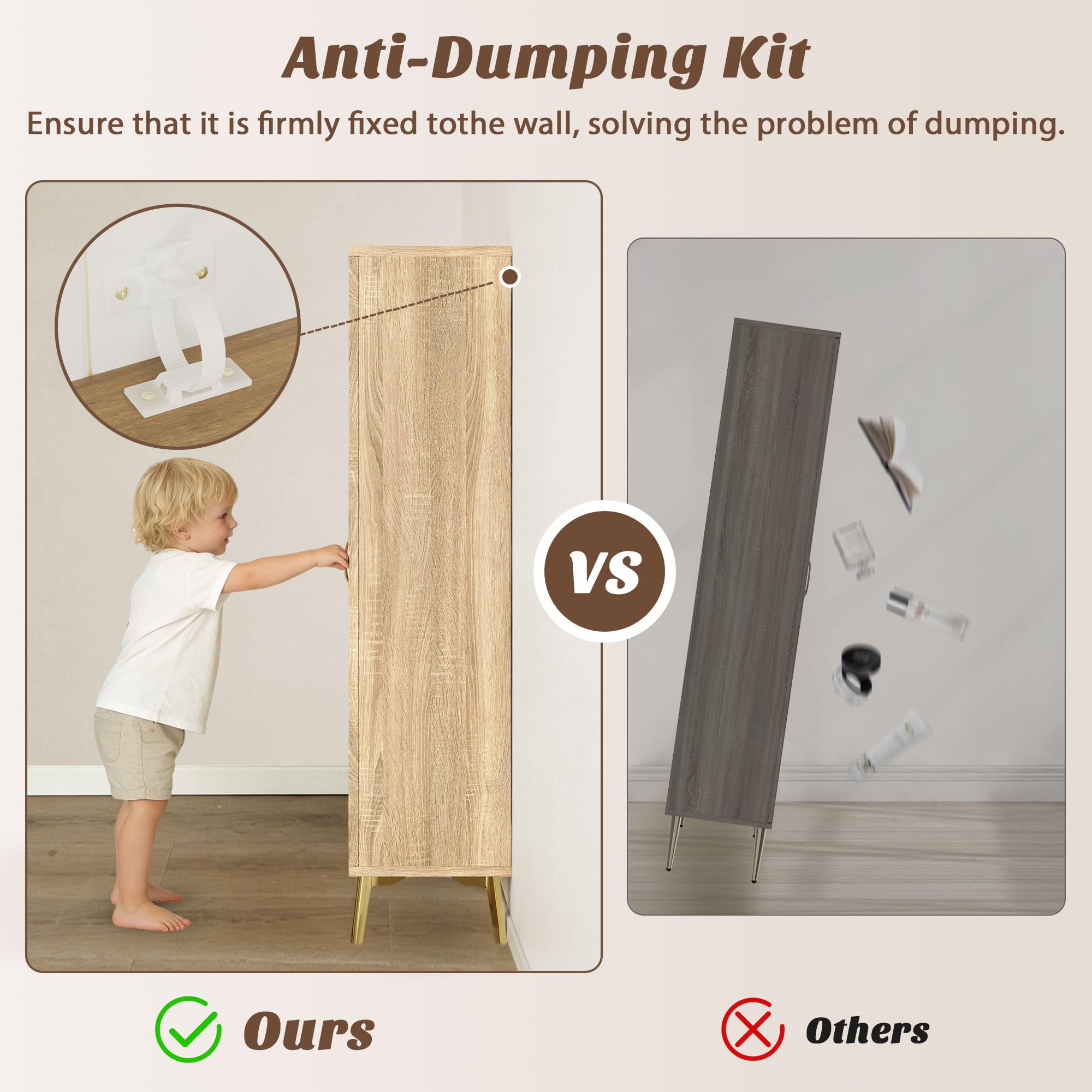 JASIWAY Tall Bathroom Storage Cabinet with Doors and Shelves, 57" Linen Floor Storage Cabinet for Laundry Entryway, Wood Freestanding Pantry with Metal Handle, Adjustable Shelves, Anti-Tipping Device