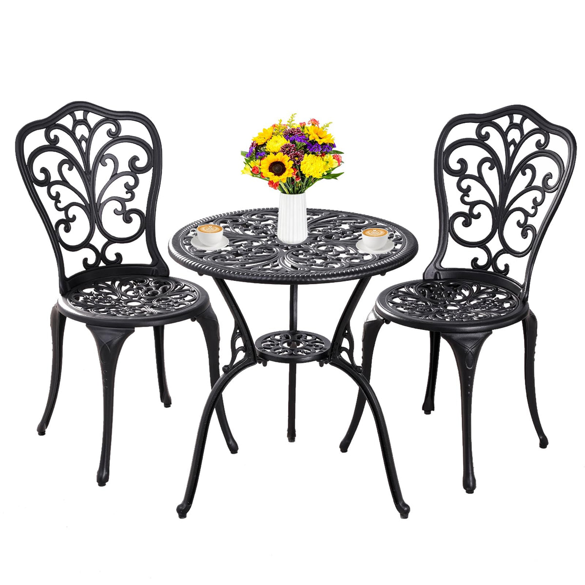 Withniture Outdoor Bistro Set 3 Piece Patio Bistro Set, Cast Aluminum Bistro Table and Chairs Set of 2, Small Patio Table Set for Porch, Black