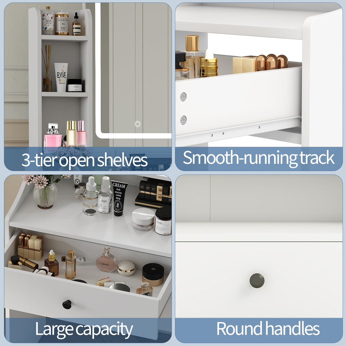 White LED Makeup Vanity with Storage Stool