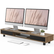 Fenge Dual Monitor Stand with Storage, Desk Shelf with Glass Sliding Door
