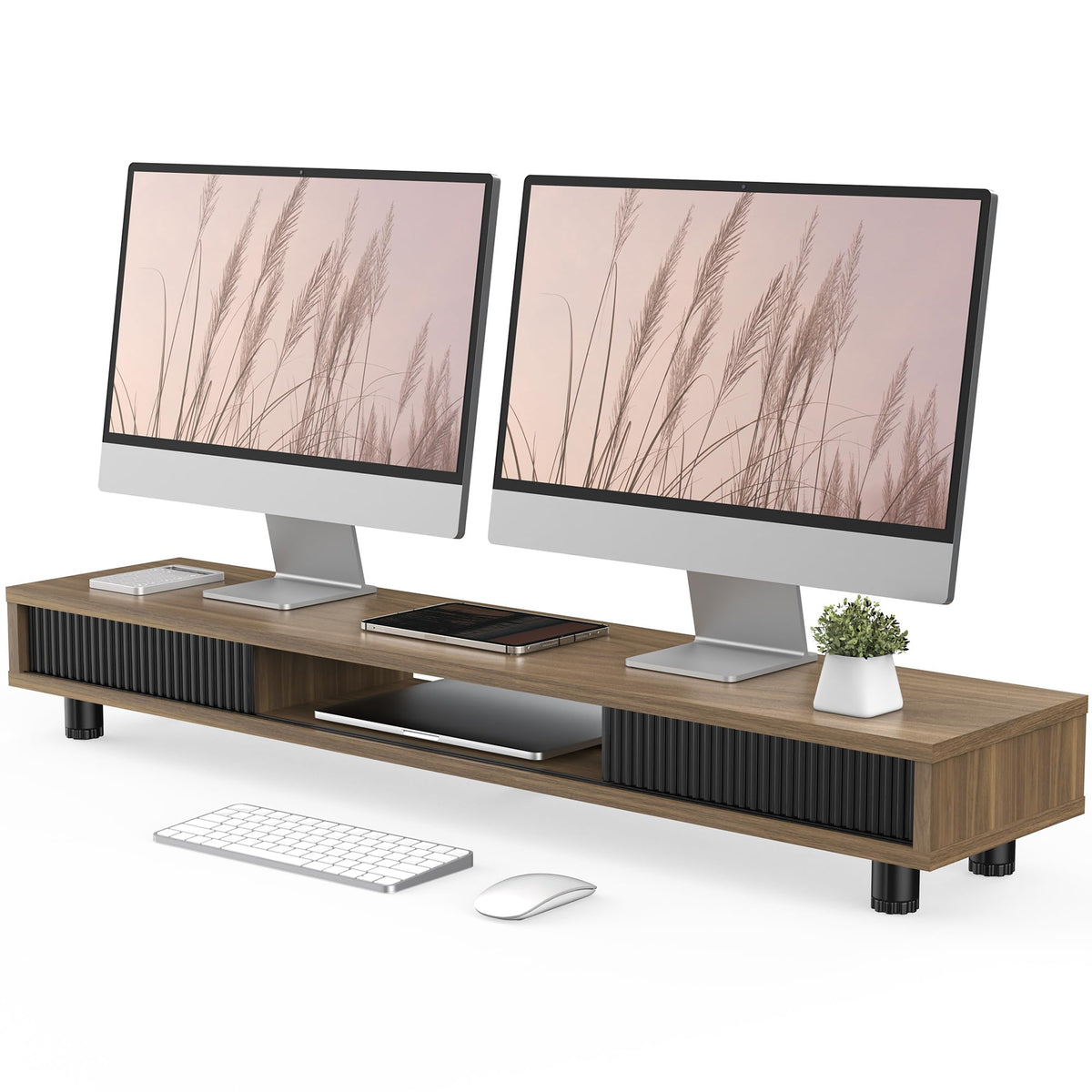 Fenge Dual Monitor Stand with Storage, Desk Shelf with Glass Sliding Door