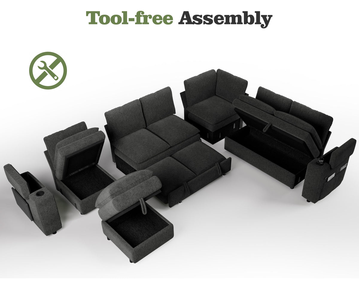 Vipbear Modular Sectional Cloud Sofa with Pull Out Bed,Sleeper Couch,Gray