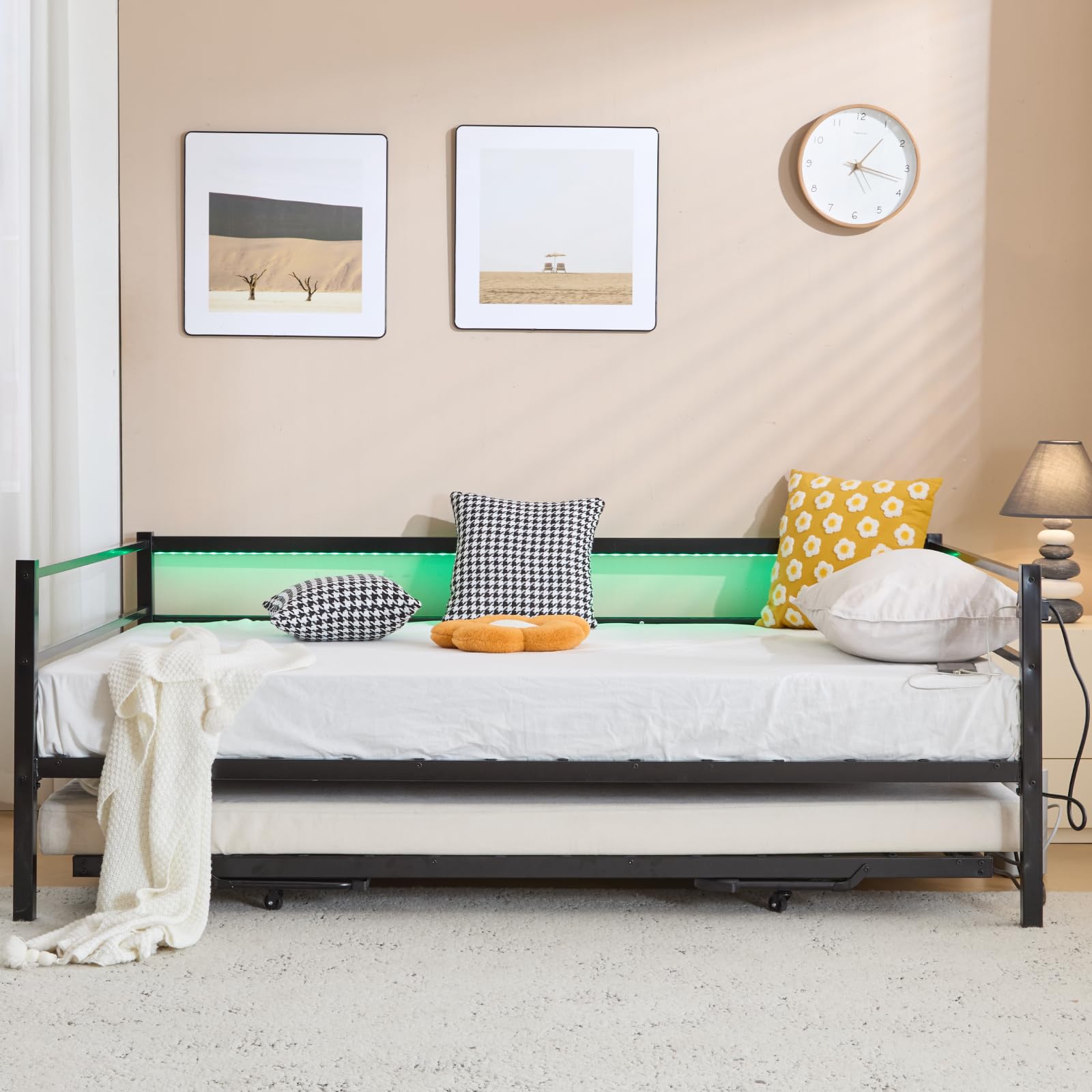 VINGLI Daybed with Trundle Bed Twin, Charging Station and LED Lights,Heavy Duty Metal Twin Daybed with Pop up Trundle for Living Room,Bedroom,Guest Room, No Box Spring Needed,Black