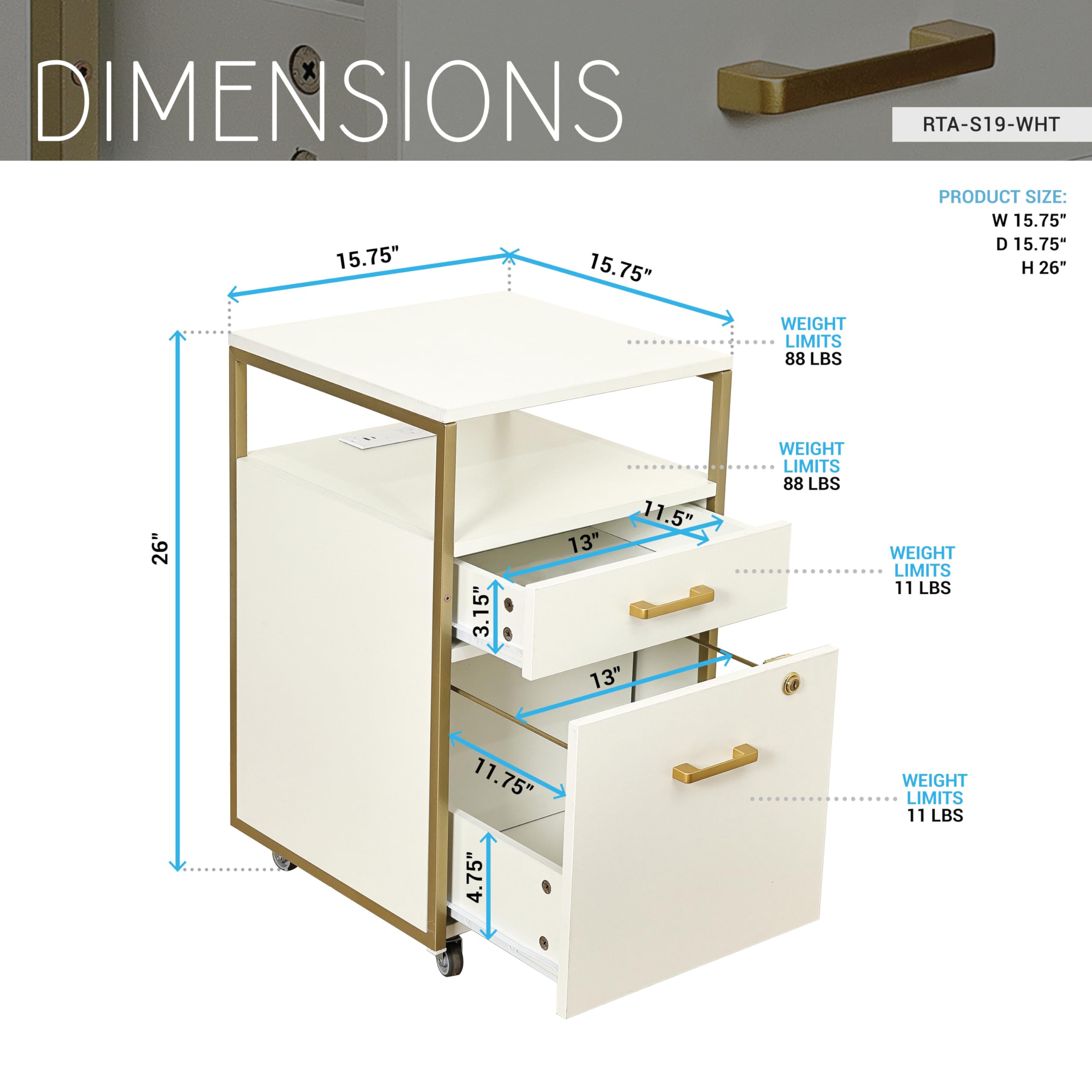 2-Drawer Rolling File Cabinet with Lock, USB Ports & Power Outlet