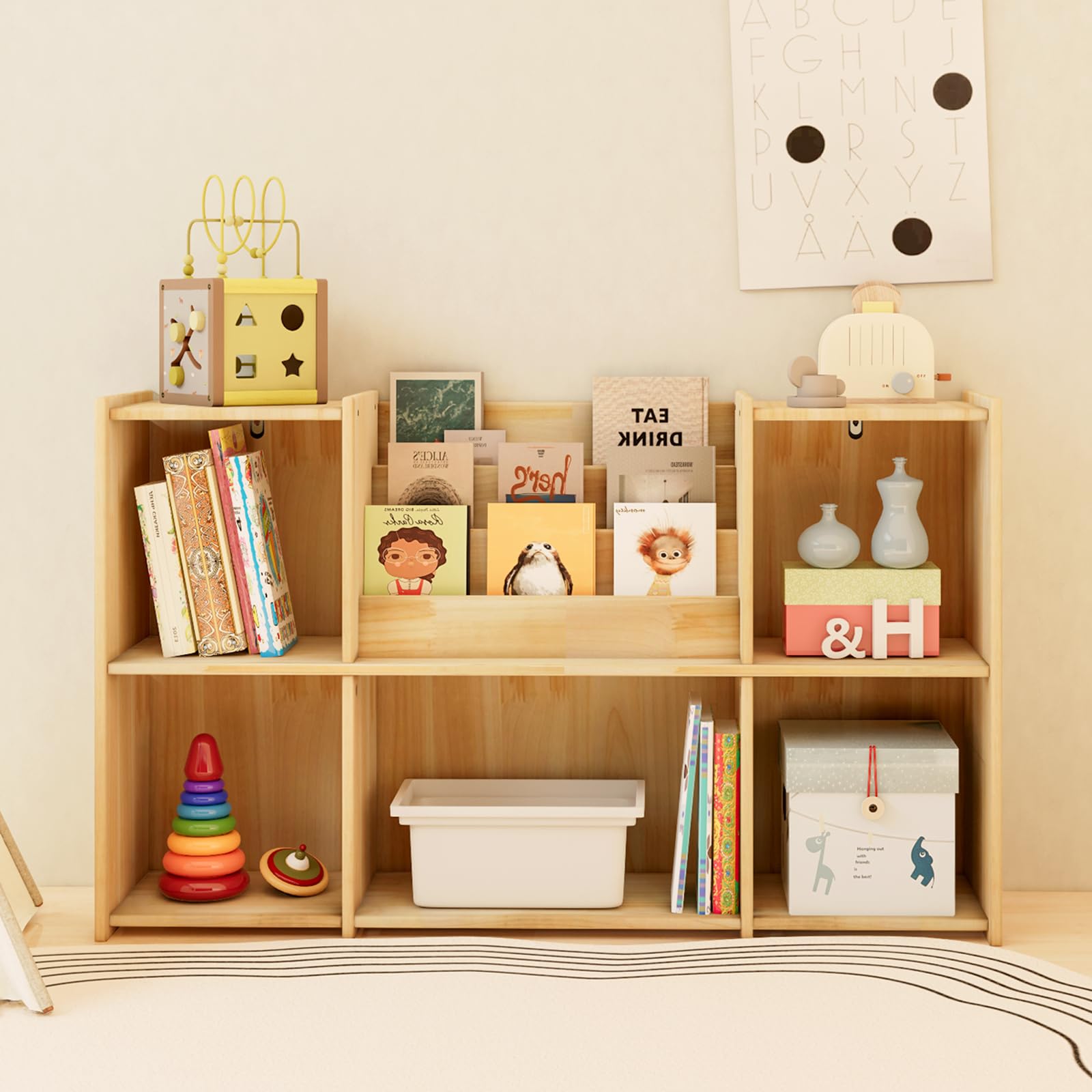Chyanmoo Wooden Bookshelf, 2 Tier Low Profile Horizontal Bookcase with Storage Organizer, FSC Certified Wood, Space Saving Display Shelf for Living Room, Bedroom, Home Office