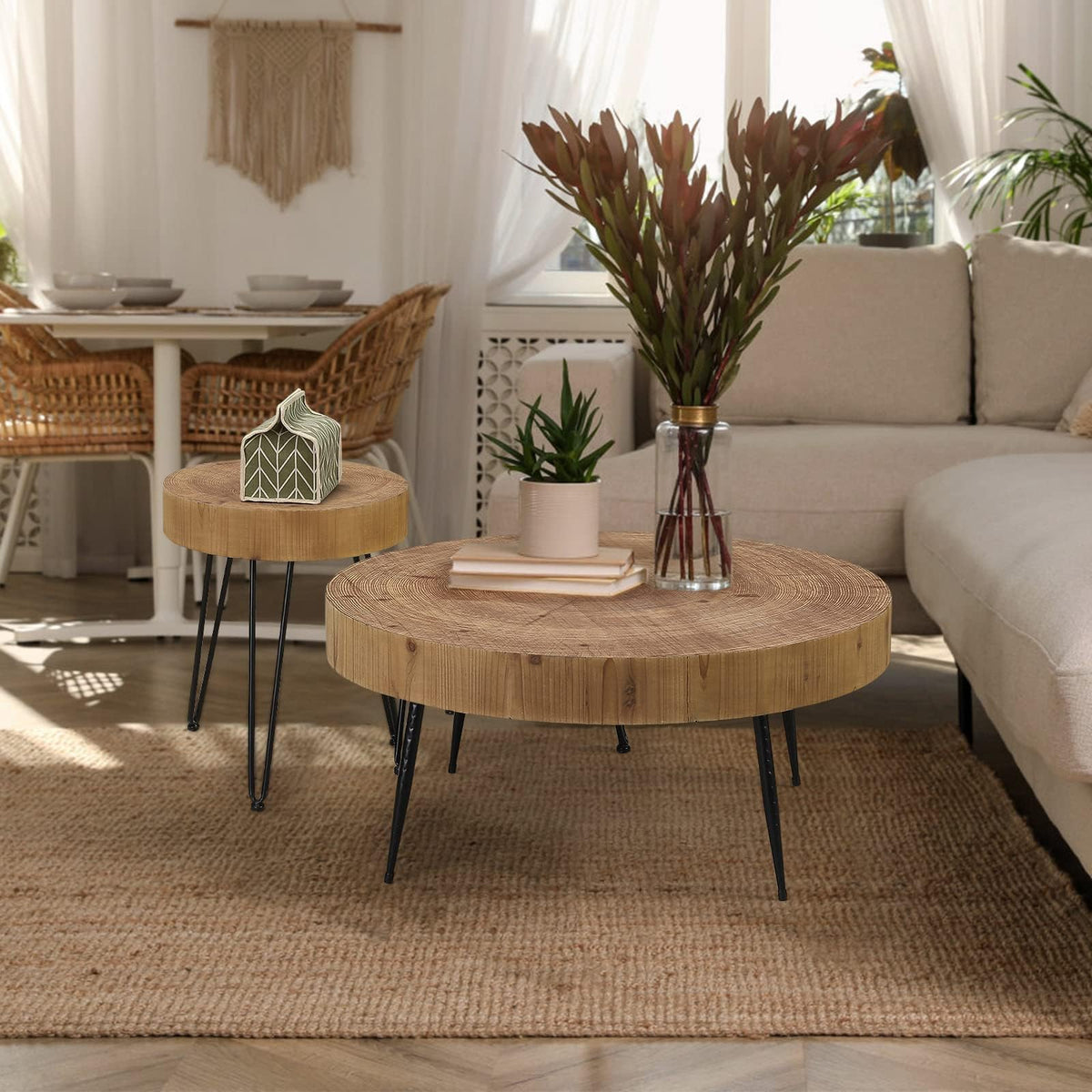 RUSTOWN Farmhouse Round Coffee Table Set of 2, Cocktail Table Sets