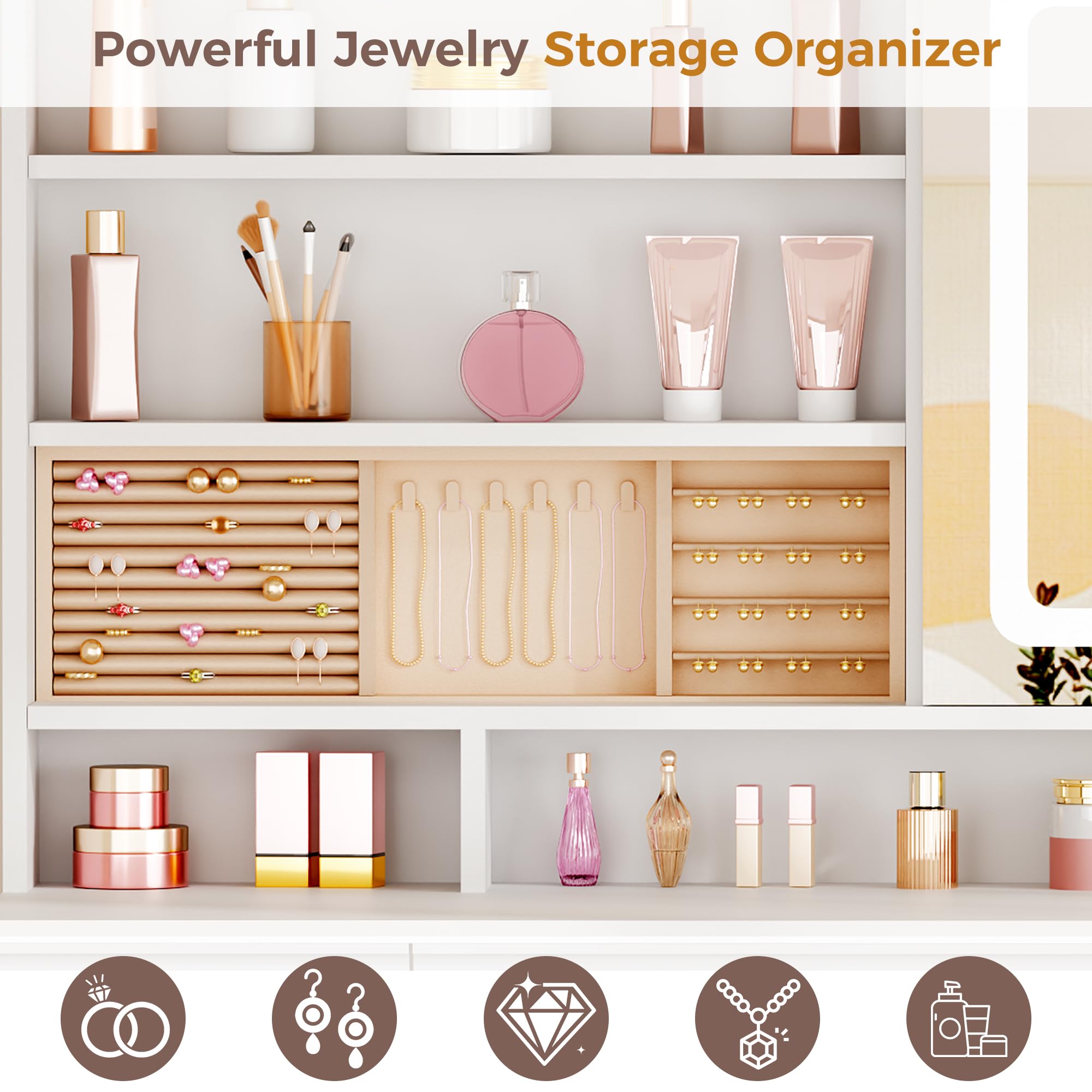 ANWBROAD 43'' Large Vanity Desk with Sliding Mirror and Lights, Makeup Vanity Table with Jewelry Organizer,11 Drawers,6 Shelves, 3Color Lights Makeup Desk with Stool and Power Outlet for Girls UBDT98X