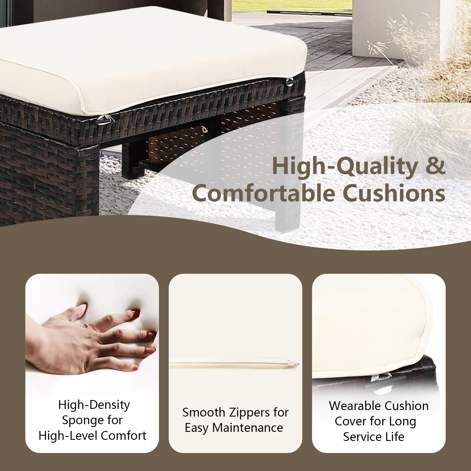 2-Piece Outdoor Rattan Ottoman Set with Cushions