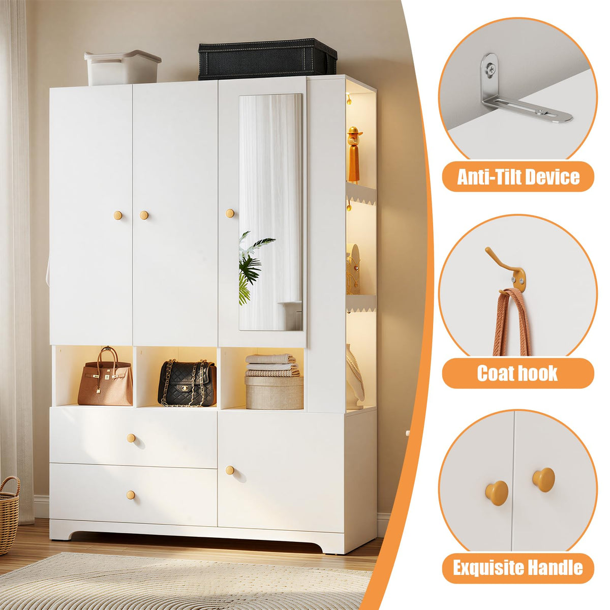 SDMY Armoire Wardrobe Closet with Mirror and LED Lights,71" Freestanding Armoire with 3 Doors,2 Drawers, Hanging Rod, Adjustable Shelves, Large Wooden Clothes Storage Cabinet for Bedroom, White