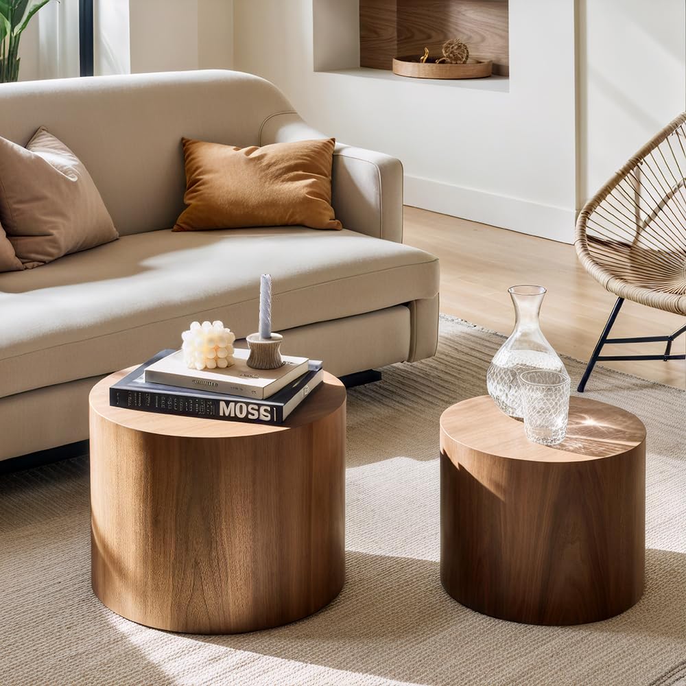 Nesting Coffee Table Set of 2 – Round Accent Tables with Non-Slip Feet