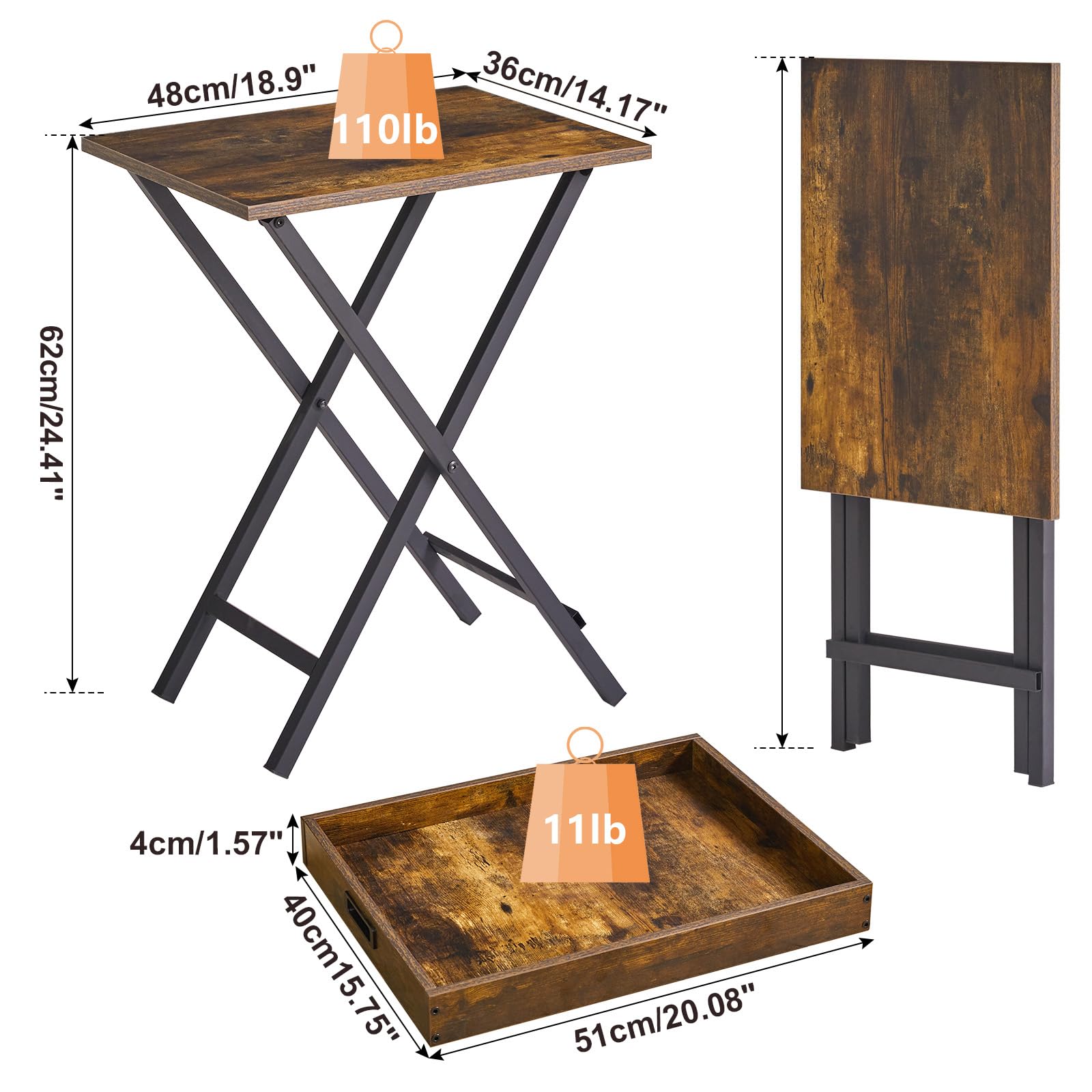Foldable TV Tray Table Set of 2 with Removable Serving Tray