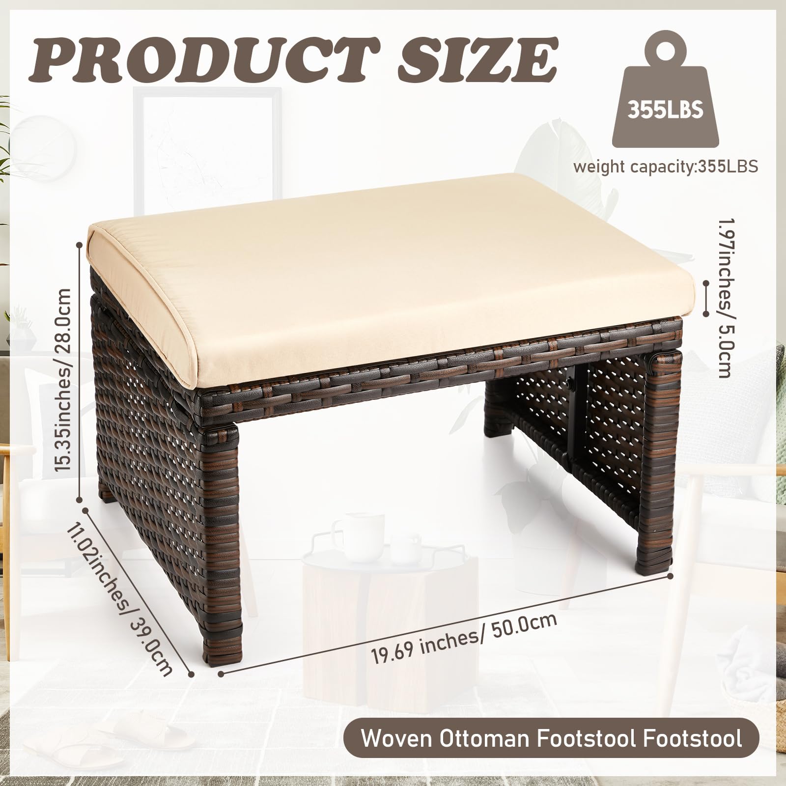 Outdoor Rattan Ottoman Set of 2 with Removable Cushions