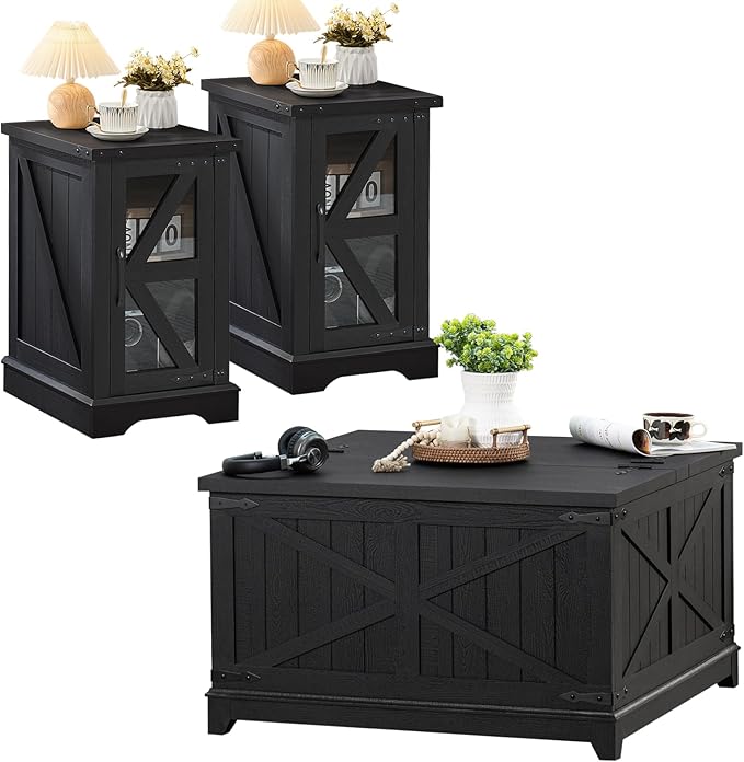Farmhouse Coffee Table Set of 3 with Hidden Storage & Glass Barn Door Nightstands